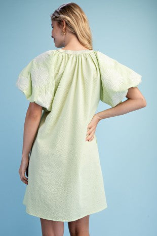 Lime Green Textured Mini Dress with White Embroidered Puff Sleeves