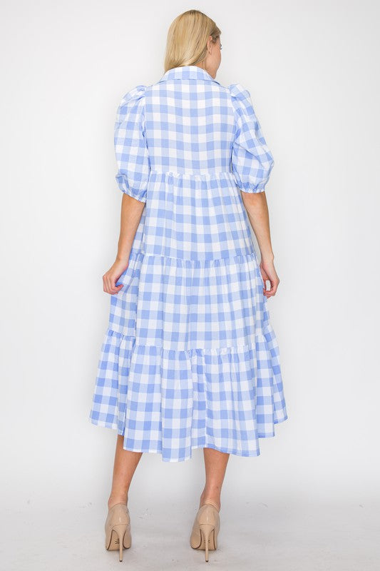 Powder Blue Gingham Print Puff Sleeve Maxi Dress
