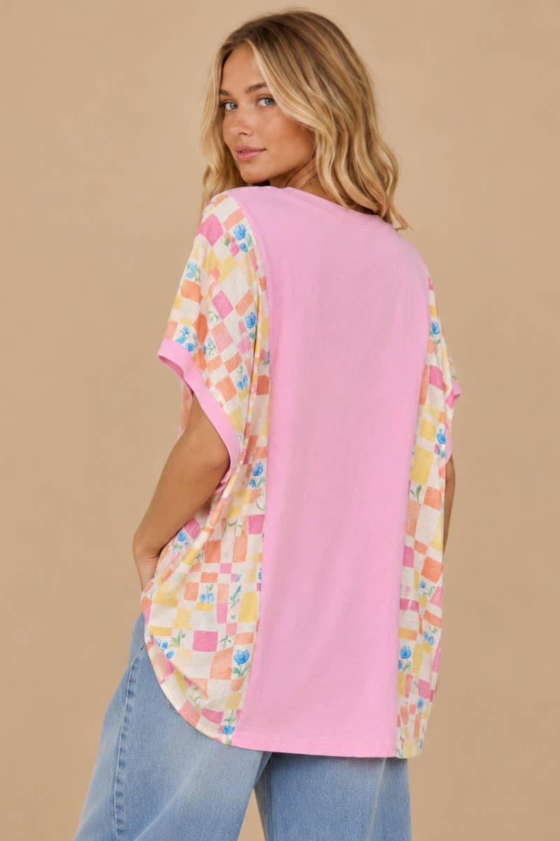 Pink Floral Mixed-Media OversizedTop