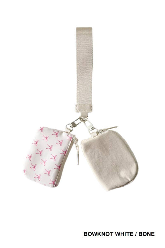 Ivory/Pink Bow Dual Pouch Wristlet