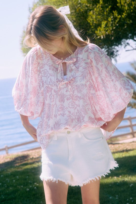 Pink Peony Boho Print Bow Top