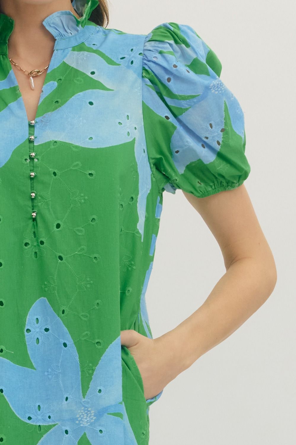 Entro Green & Blue Botanical Print Eyelet Midi Dress