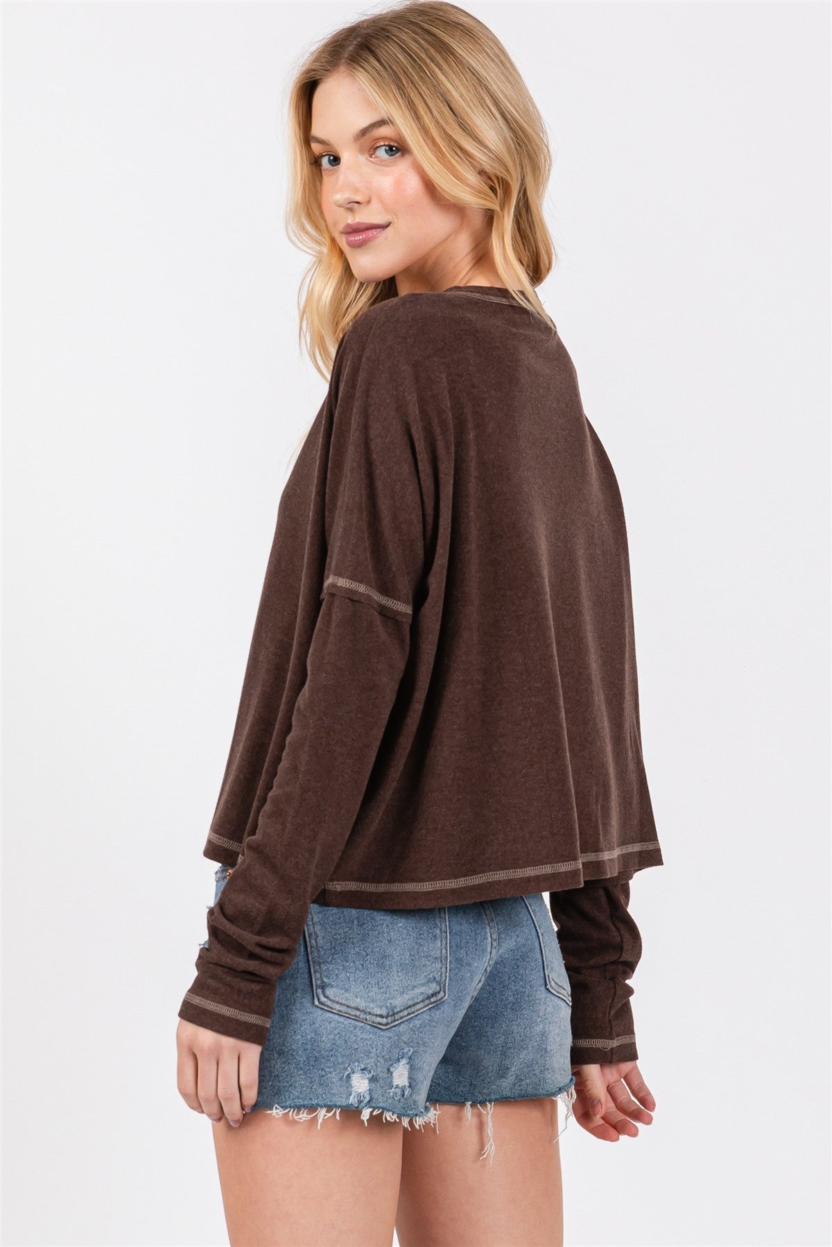 Chocolate Brown Contrast Stitch Button Down Cardigan
