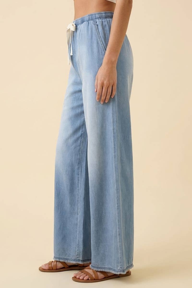 Light Wash Wide Leg Denim Drawstring Pants