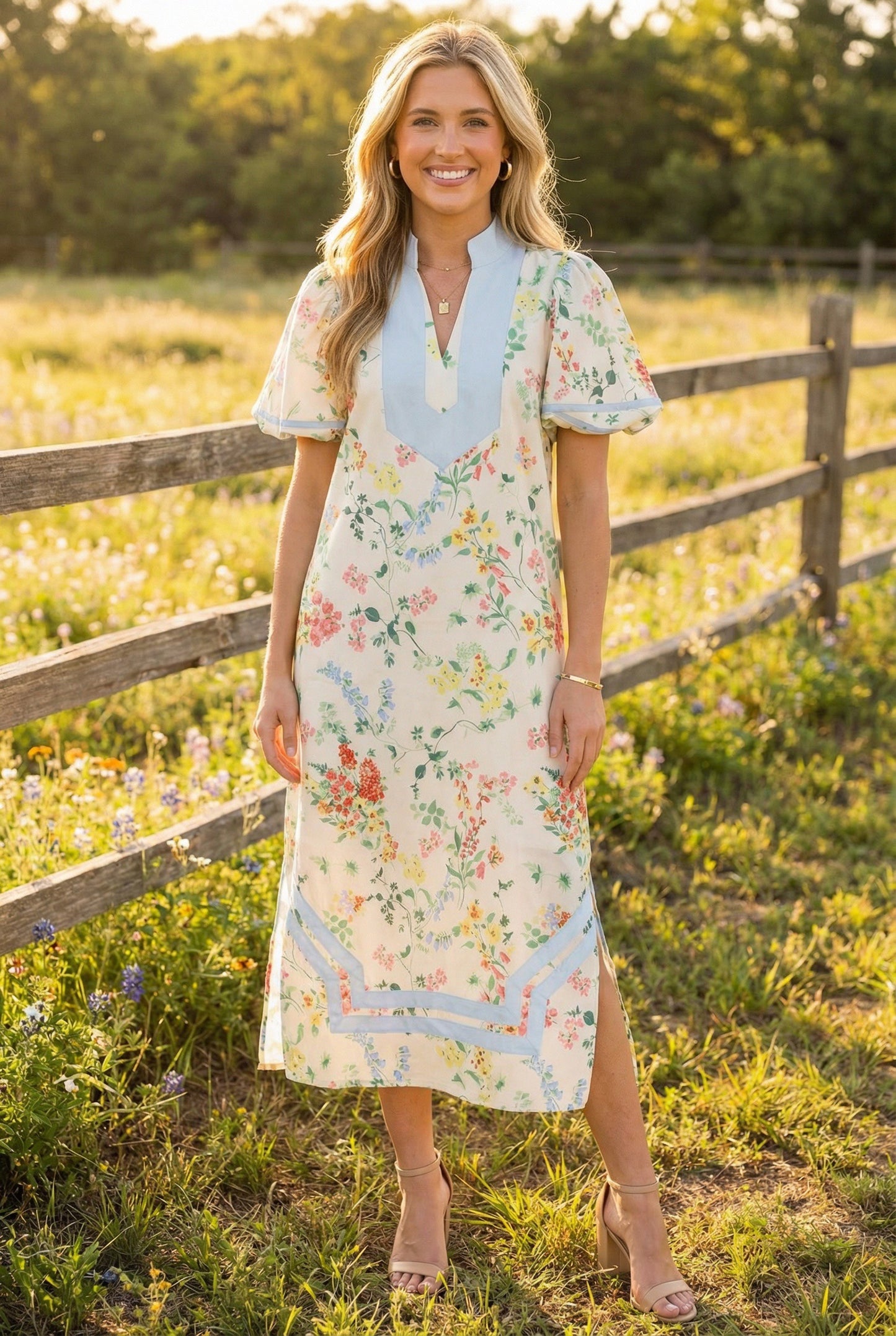Floral Maxi Dress with Blue Contrast Trim & Puff Sleeves