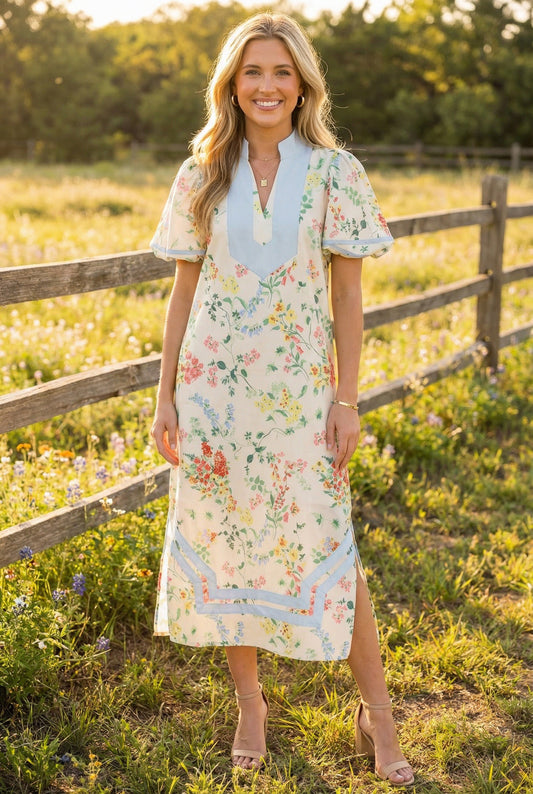 Floral Maxi Dress with Blue Contrast Trim & Puff Sleeves