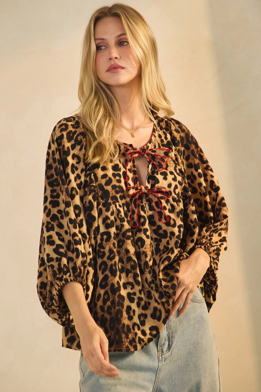 Leopard Print Peplum Bow Blouse     ODDI