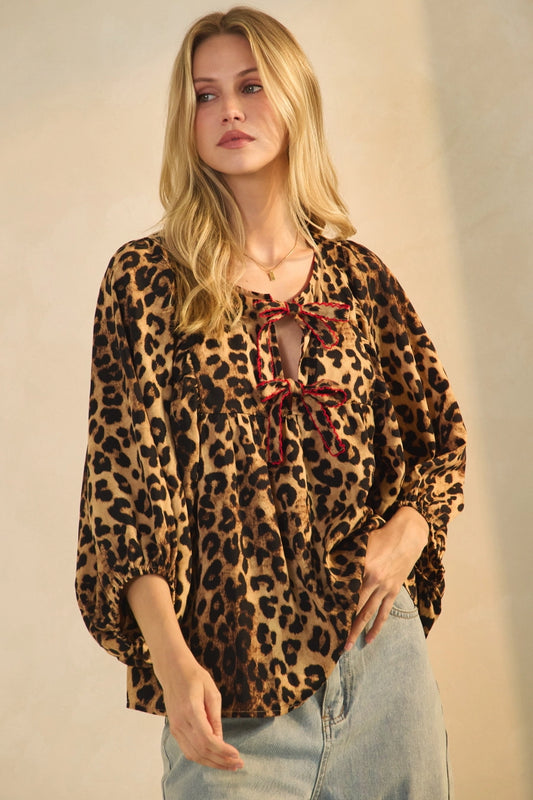 Leopard Print Peplum Bow Blouse     ODDI