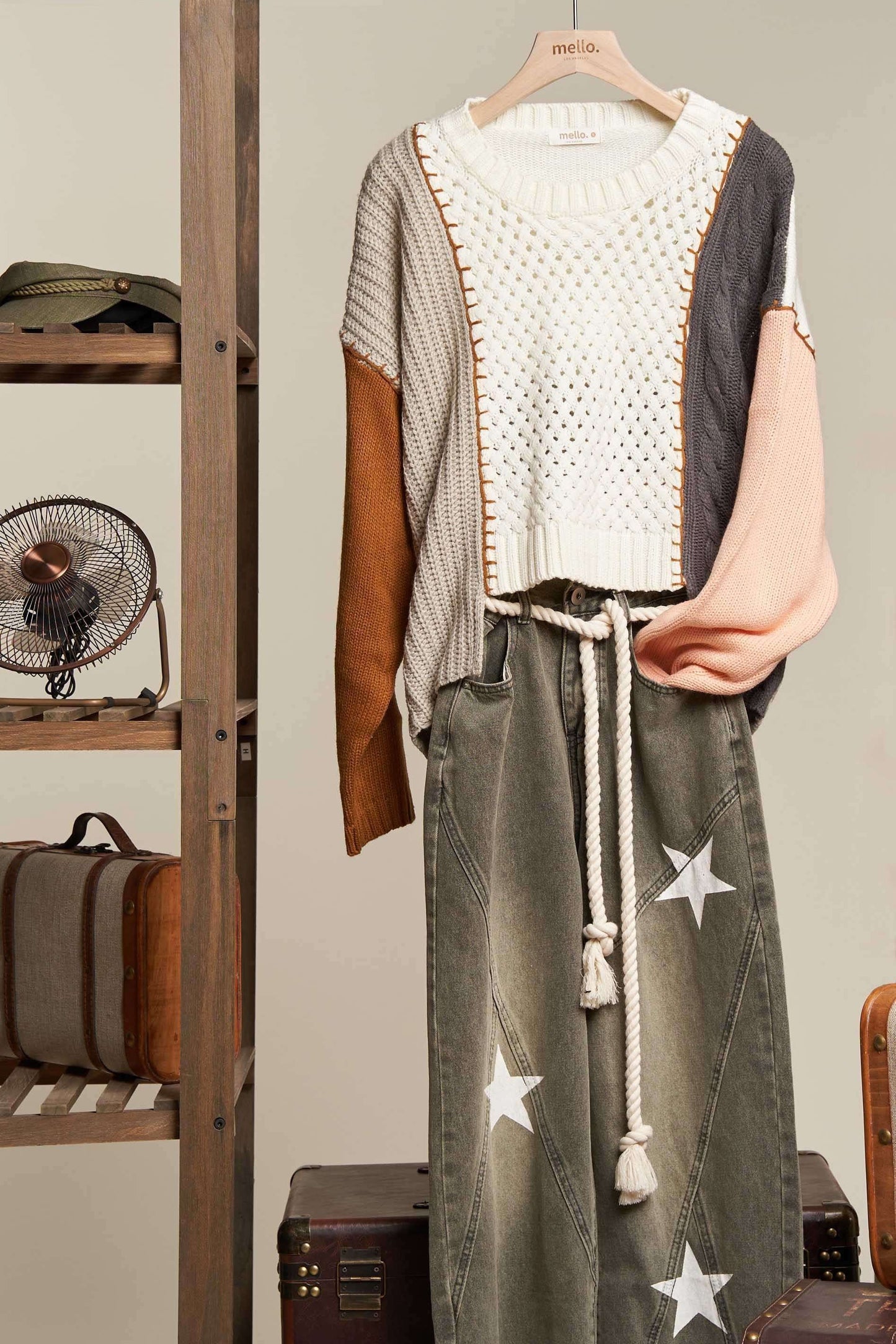 Peach Multi-fabric Colorblock Sweater