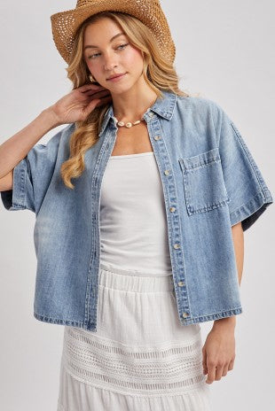 Bluivy Light Wash Denim Boxy Short Sleeve Button-Down Top