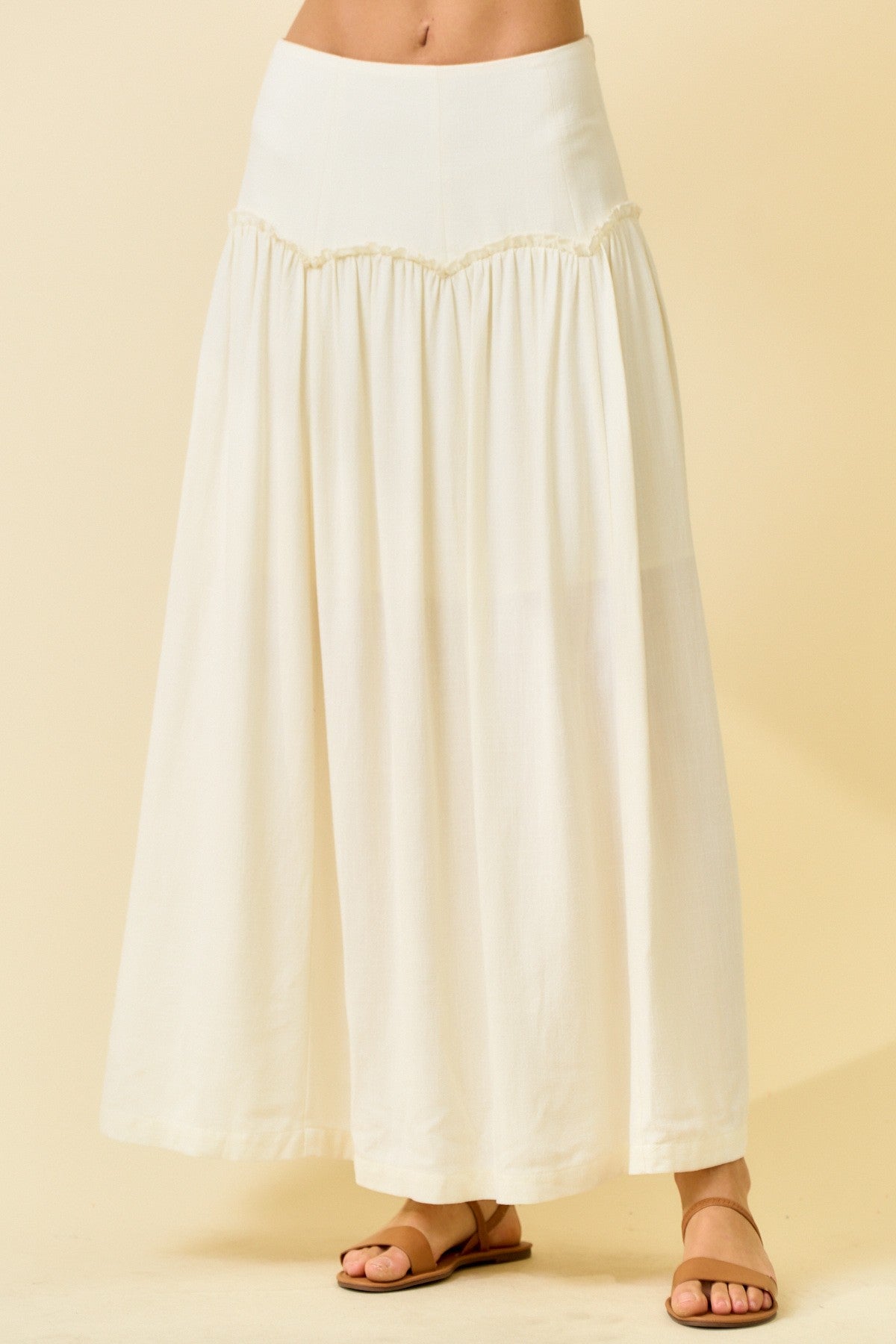 Ivory Linen Blend Scallop Drop Waist Maxi Skirt