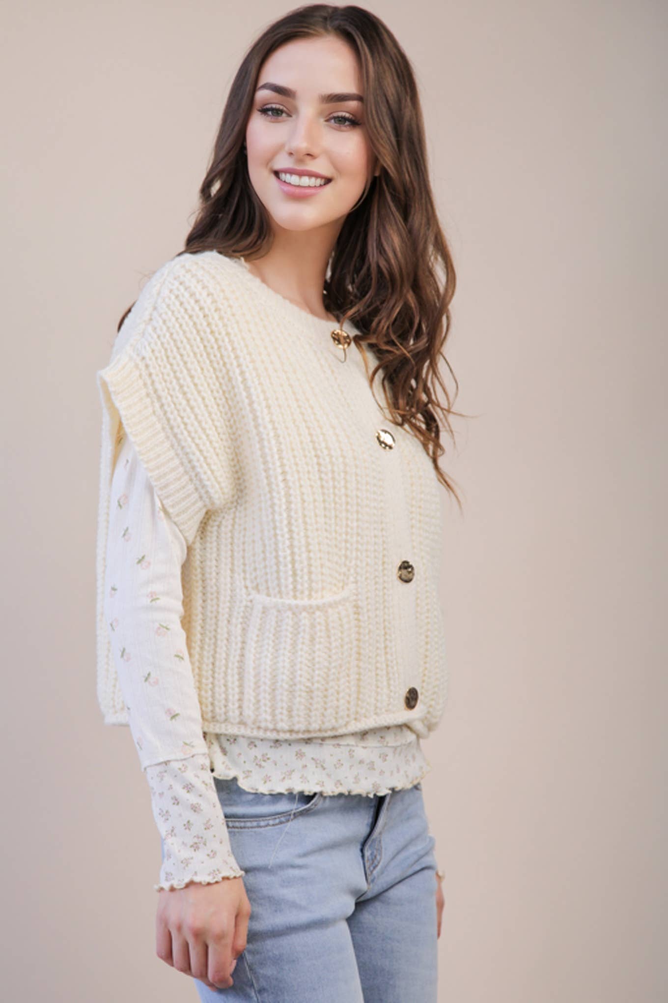Cream Button Down Knit Sweater