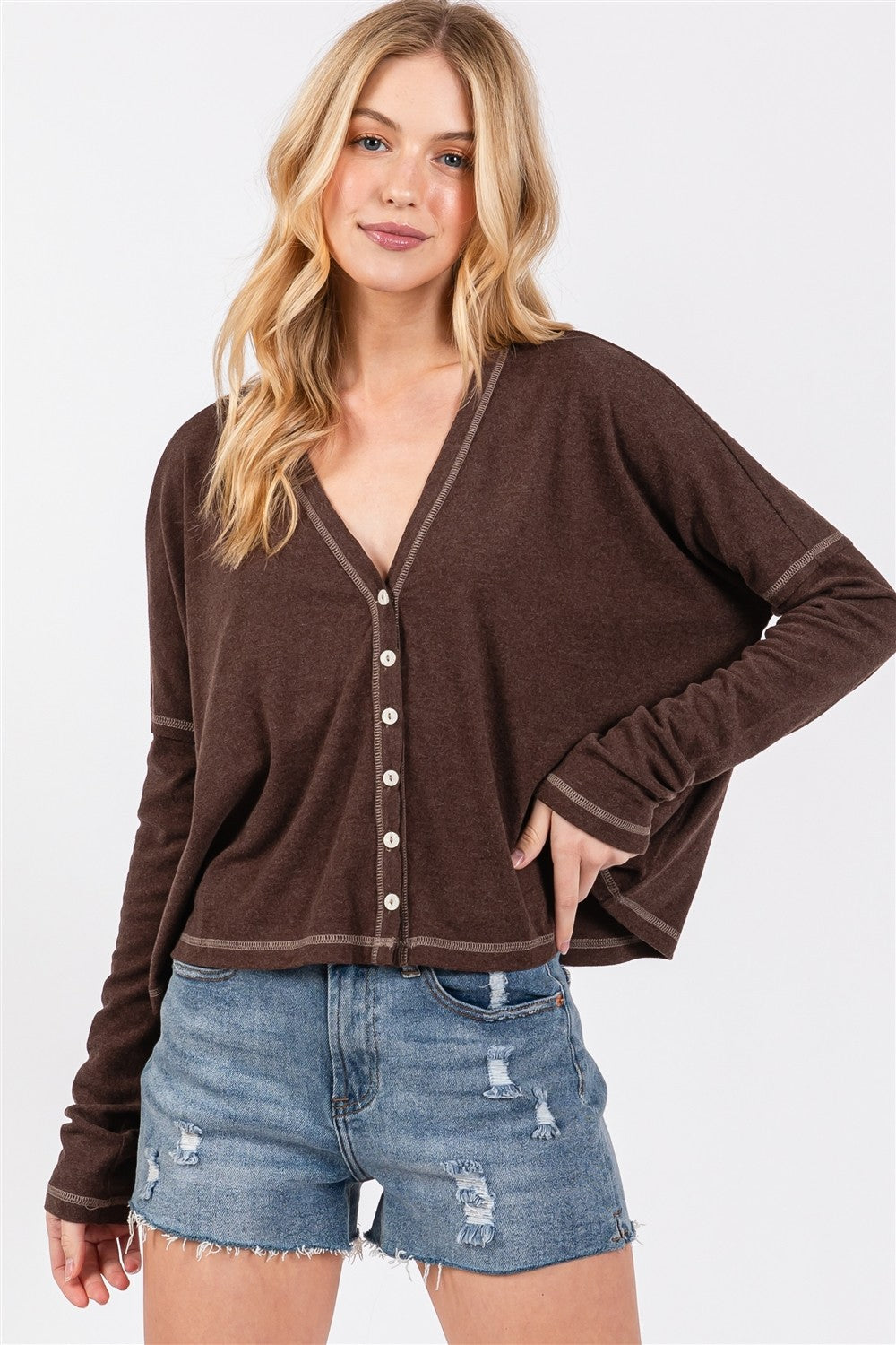 Chocolate Brown Contrast Stitch Button Down Cardigan