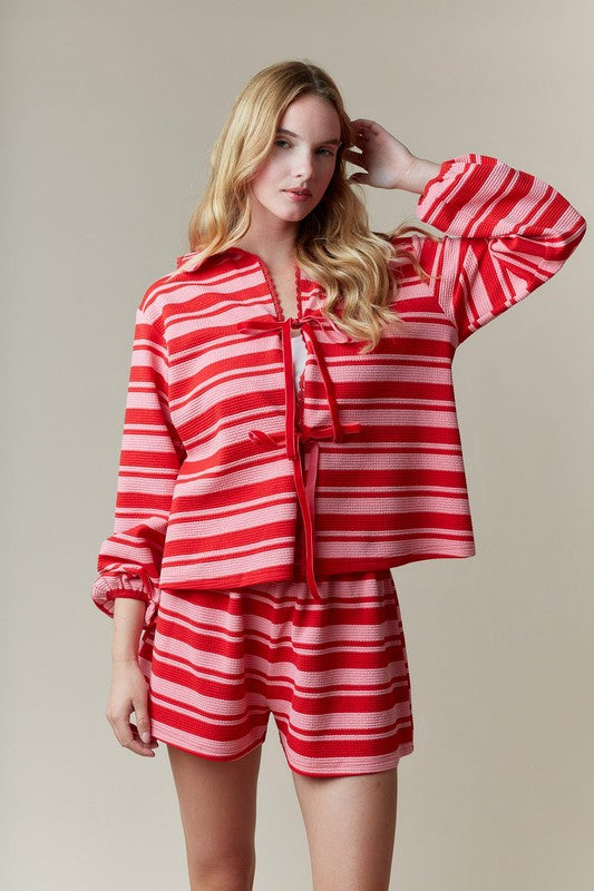 Pink & Red Stripe Textured Short Set