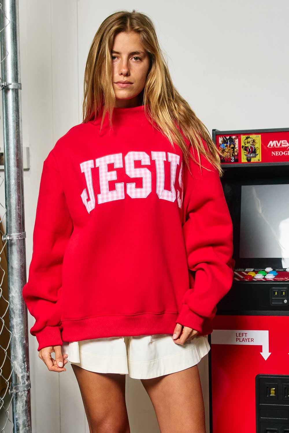 Gingham Embroidered "JESUS" Mock Neck Sweatshirt