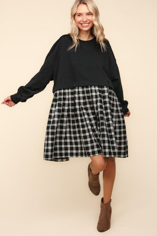 Black Plaid Oversized Sweatshirt Babydoll Dress