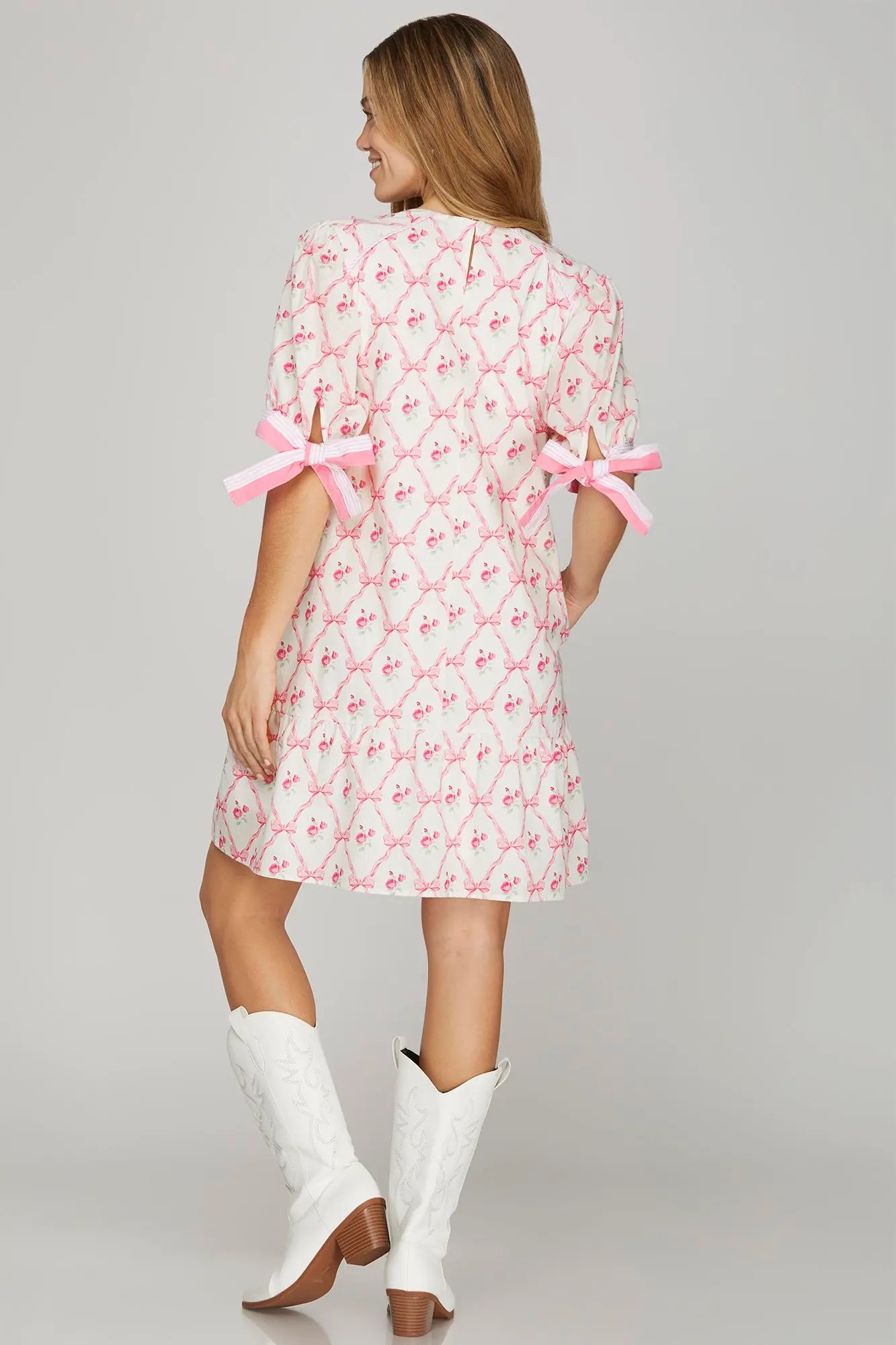 Pink Floral Bow Print Mini Dress