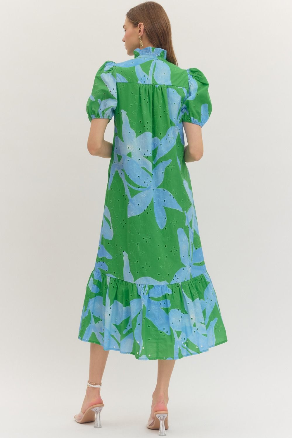 Entro Green & Blue Botanical Print Eyelet Midi Dress