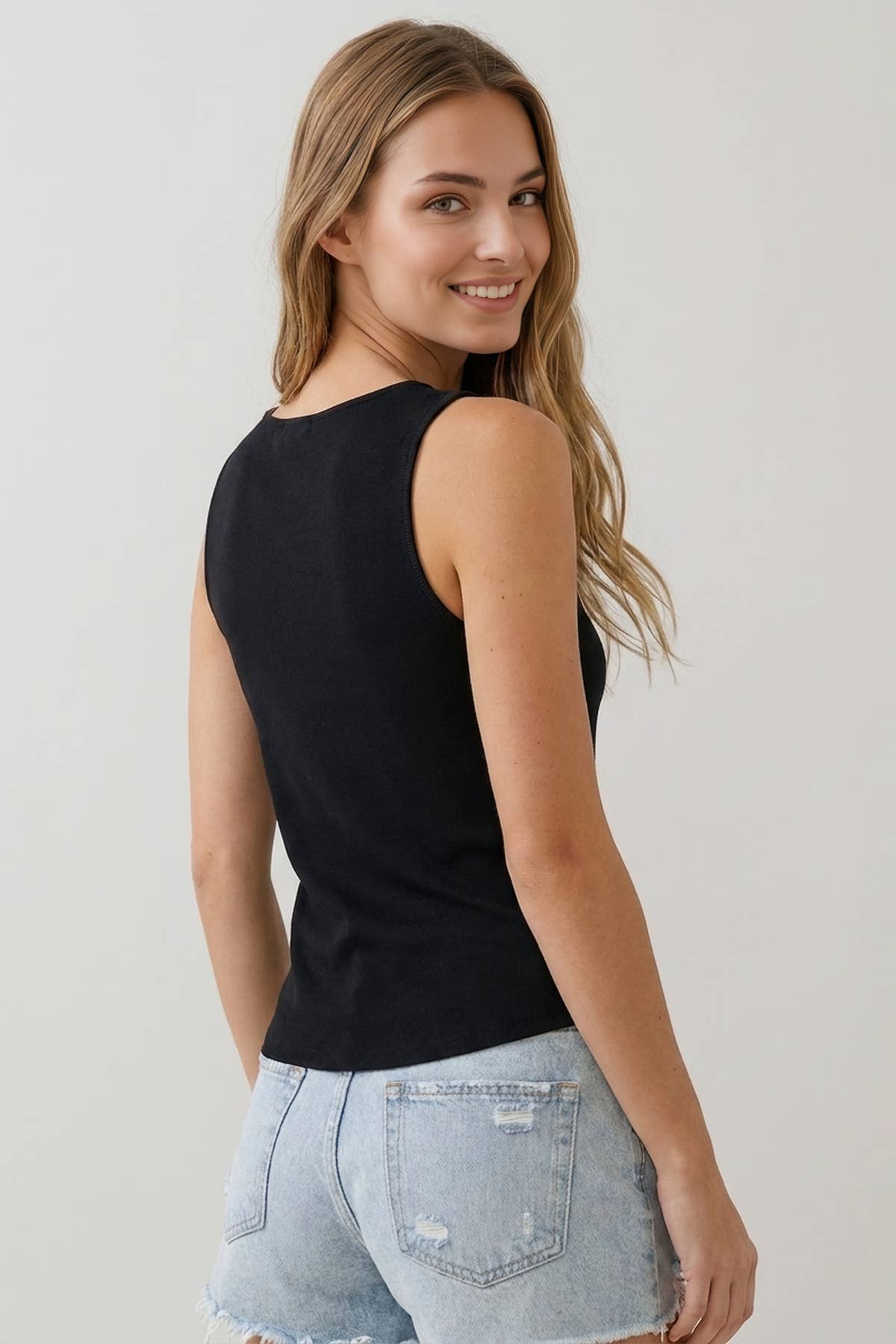 Black Cotton Blend Ribbed Asymmetrical Button Detail Boat Neck Tank Top
