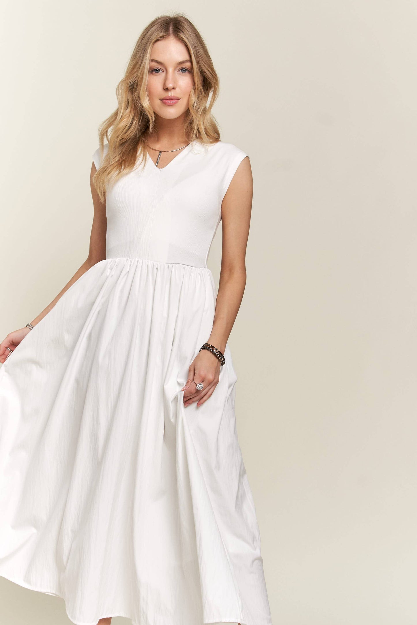 White Cotton Blend Midi Dress with Pockets
