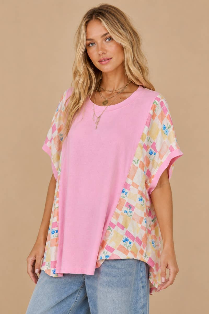 Pink Floral Mixed-Media OversizedTop