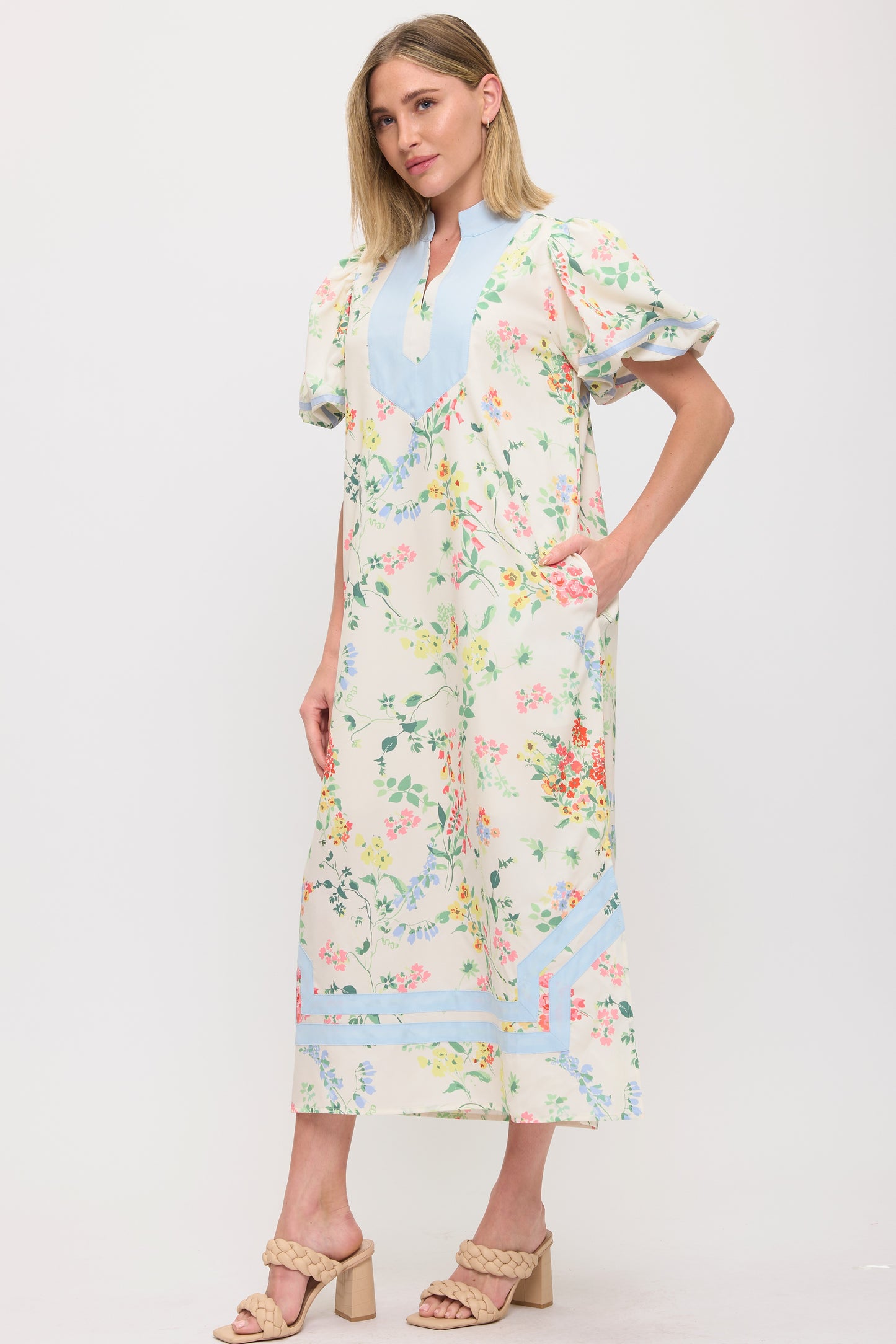Floral Maxi Dress with Blue Contrast Trim & Puff Sleeves