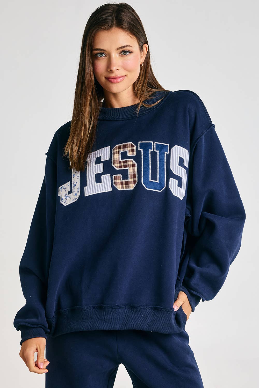 Gray Jesus Embroidered Oversized Mock-neck Sweatshirt