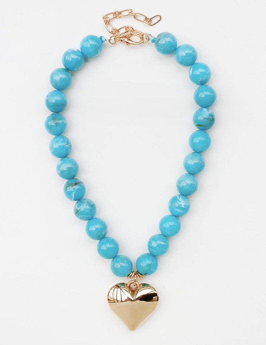 Turquoise Beaded Gold Heart Charm Necklace