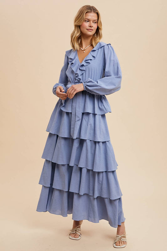 Elemental Blue Tiered Ruffled Maxi Dress