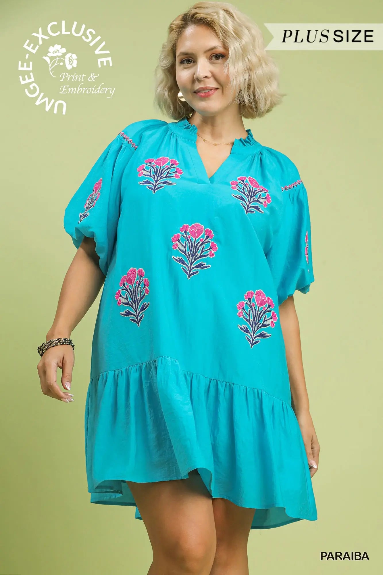 Paraiba Blue & Pink Embroidered Puff Sleeve Mini Dress