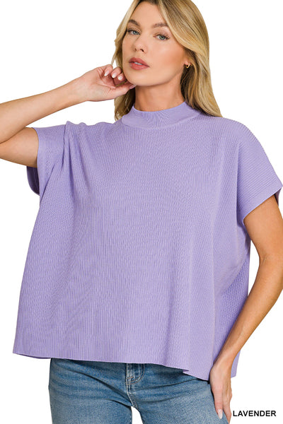 Zenana Viscose Mock Neck Short Sleeve Boxy Sweater-Lavender