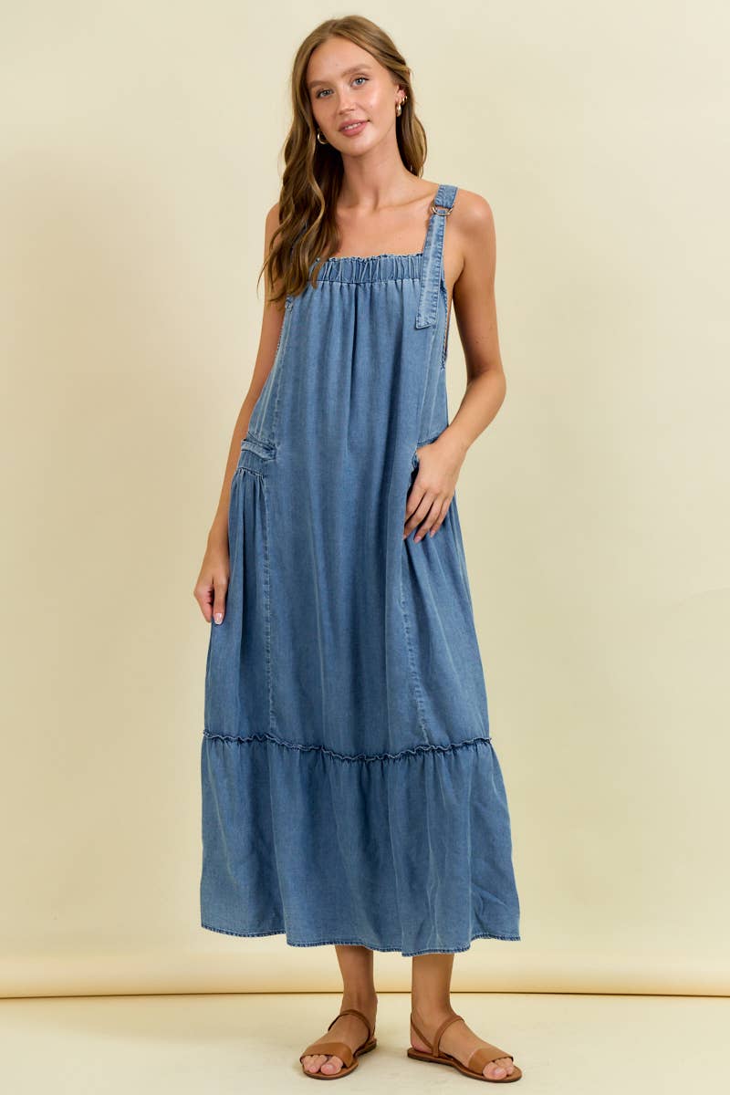 Dark Denim Maxi Overall Dress with Tiered Ruffle Detail