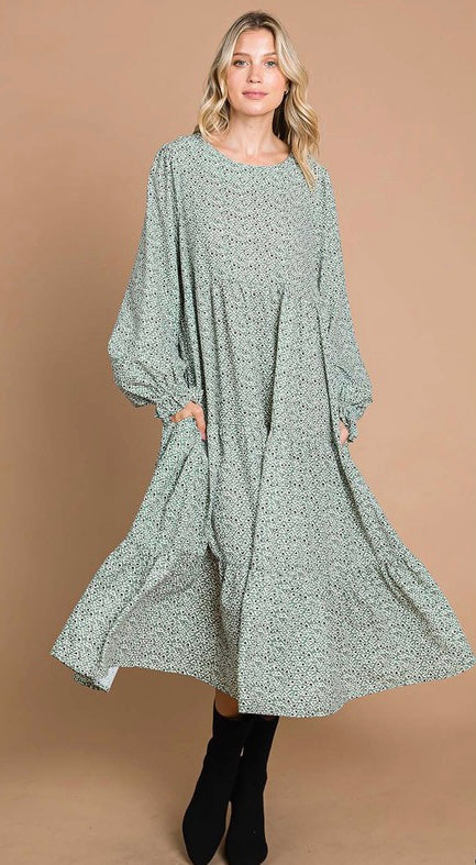 Sage Ethnic Print Midi Length Dress