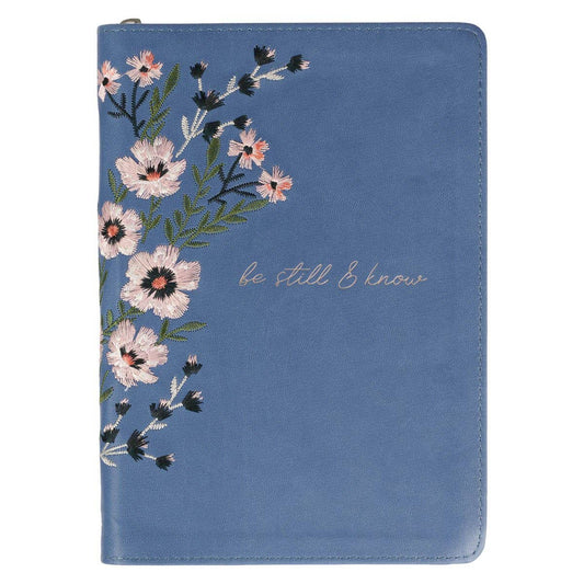 Be Still Floral Embroidered Blue Faux Leather Classic Journal