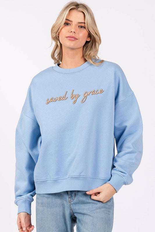 Blue Saved By Grace Graphic Relaxed Fleece Sweatshirt