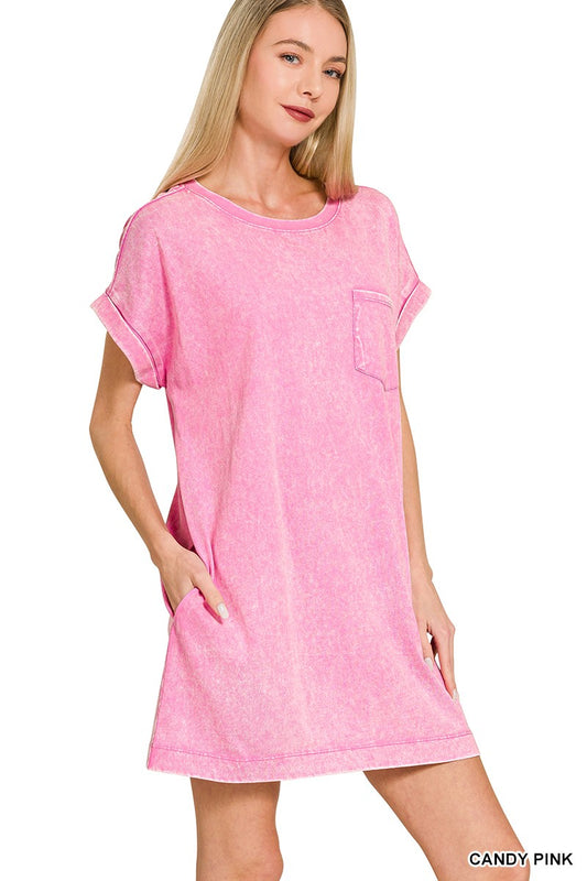 Zenana Candy Pink Mineral Wash T-Shirt Dress