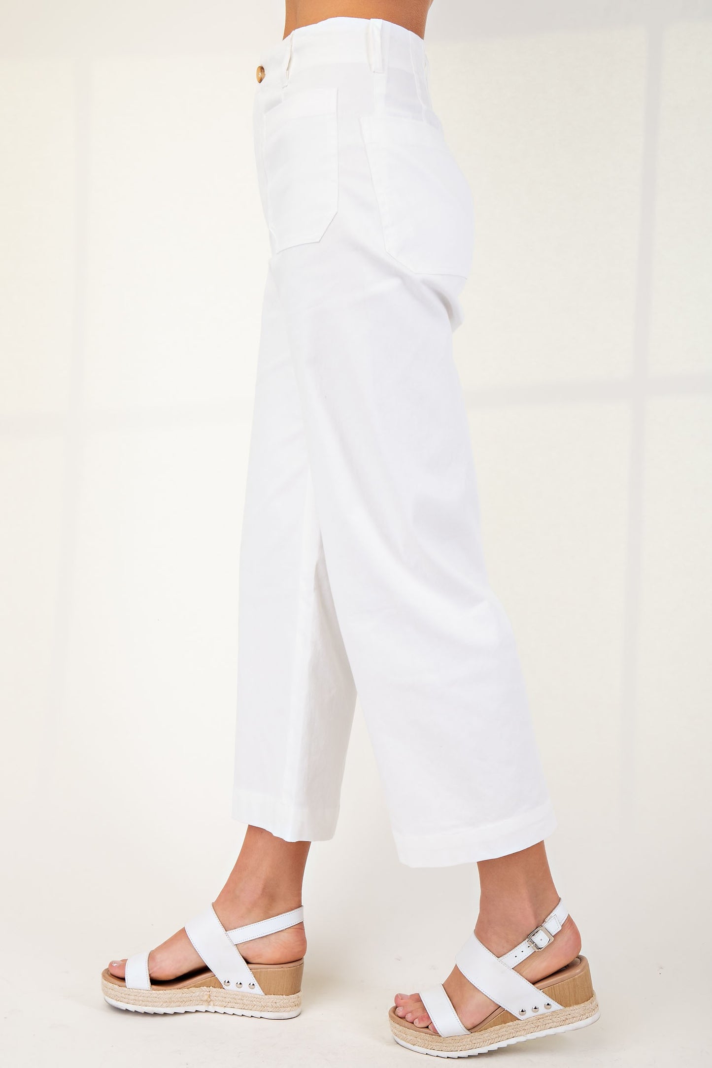 White Cotton Blend Stretchy Cropped Pants