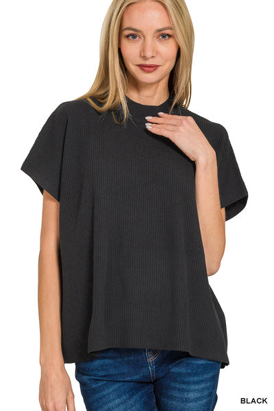 Zenana Viscose Mock Neck Short Sleeve Boxy Sweater- Black