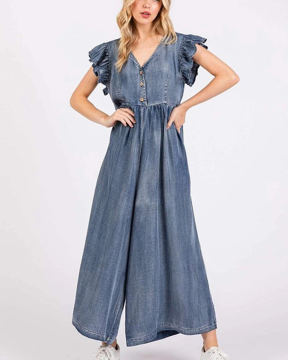 Mittoshop Washed Chambray Ruffled Wide Leg Jumpsuit