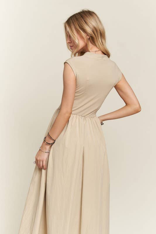 Beige Cotton Blend Midi Dress With Pockets