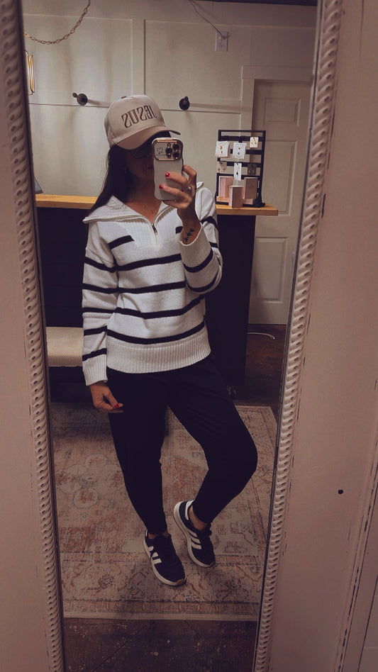 White & Black Stripe Quarter Zip Sweater
