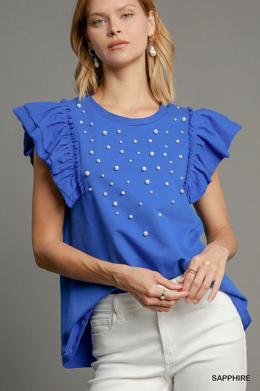 Umgee Sapphire Blue Pearl Detail Top