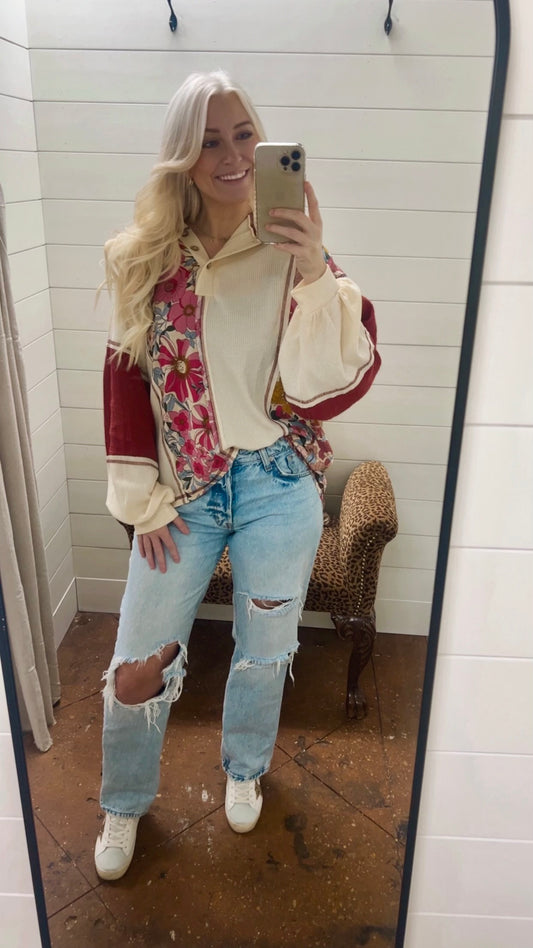 Boho Mixed Fabric Floral Hoodie Top