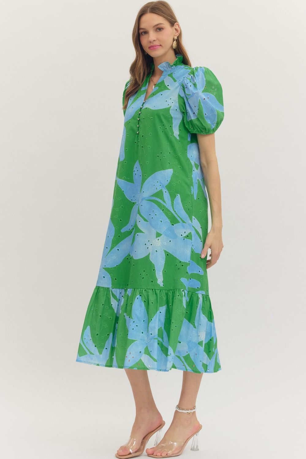 Entro Green & Blue Botanical Print Eyelet Midi Dress