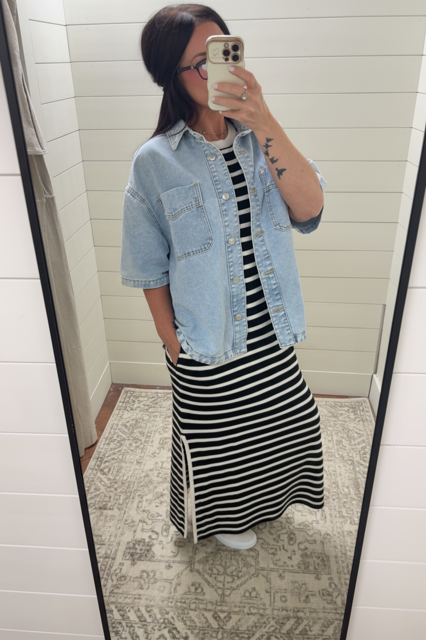 Entro Black & White Striped Maxi Dress with Pockets