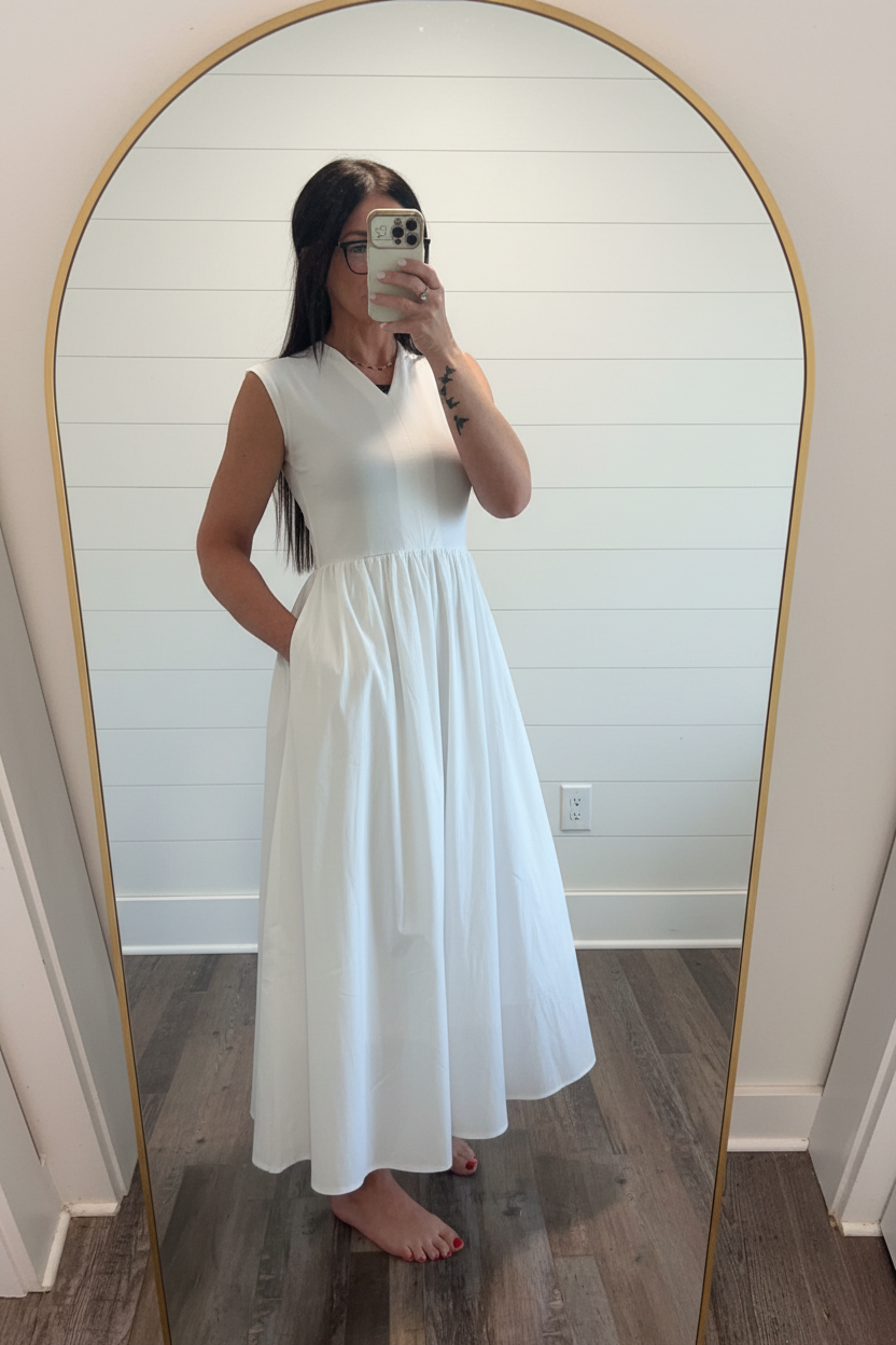 White Casual Tank Midi Dress with Pockets