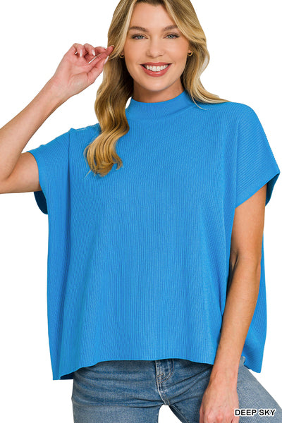 Zenana Viscose Mock Neck Short Sleeve Boxy Sweater-Deep Sky Blue