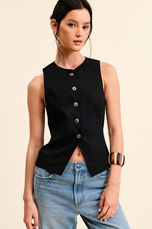 Black Button Down Linen Blend Waistcoat Vest