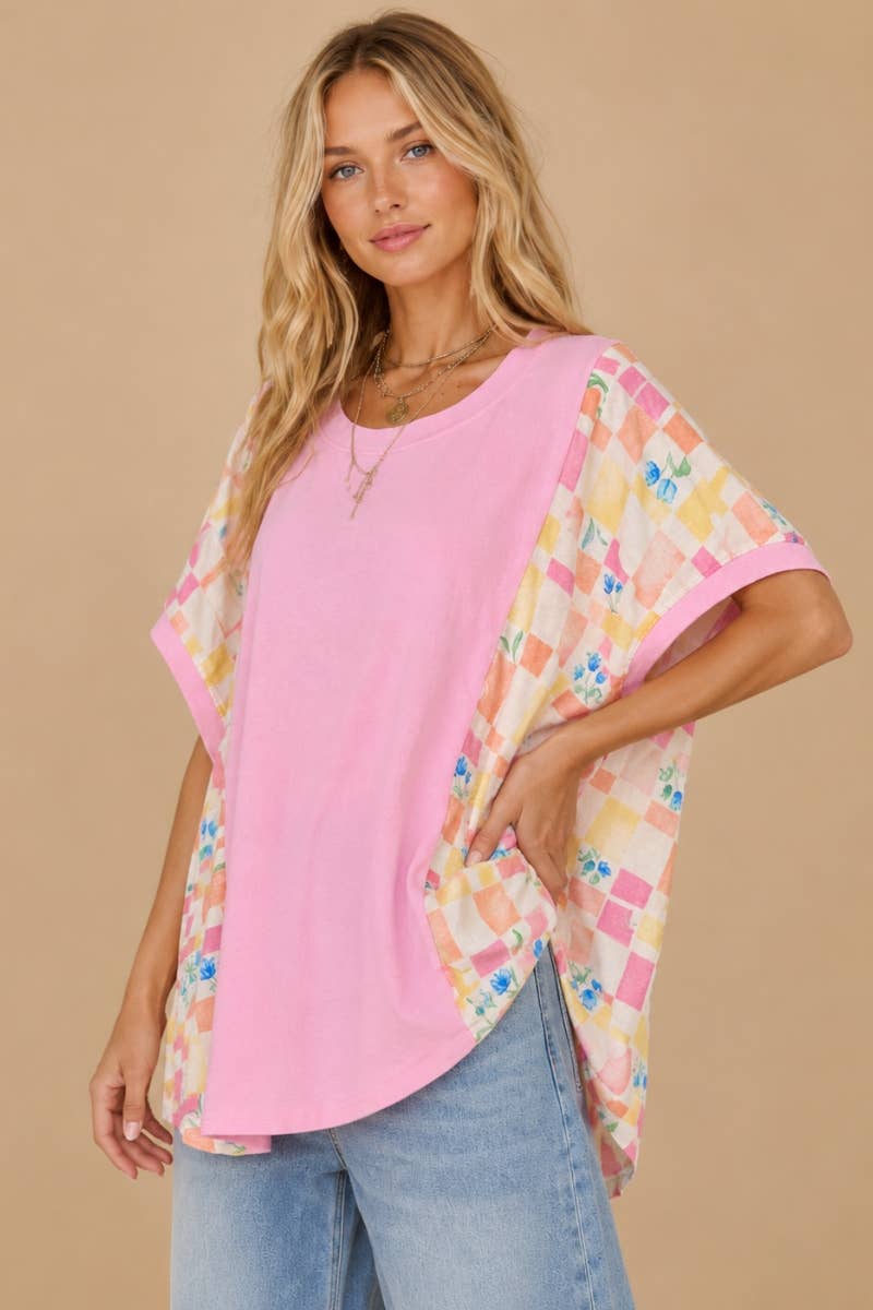 Pink Floral Mixed-Media OversizedTop