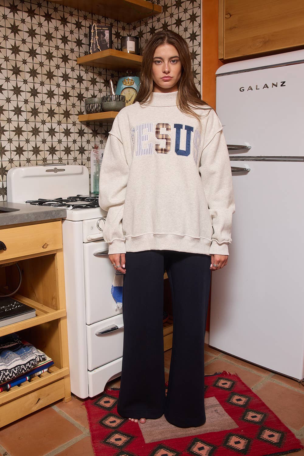 Gray Jesus Embroidered Oversized Mock-neck Sweatshirt